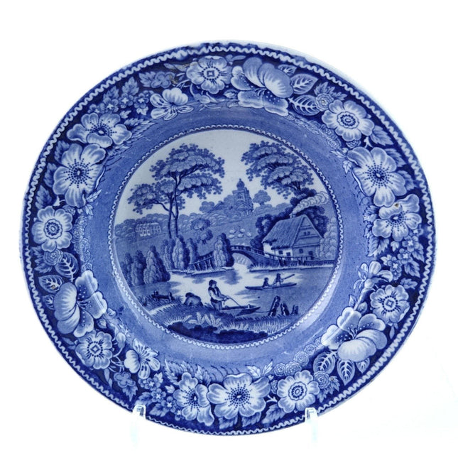 c1860 Moore &amp; Co 野玫瑰蓝色转移餐具汤碗 9.25 英寸