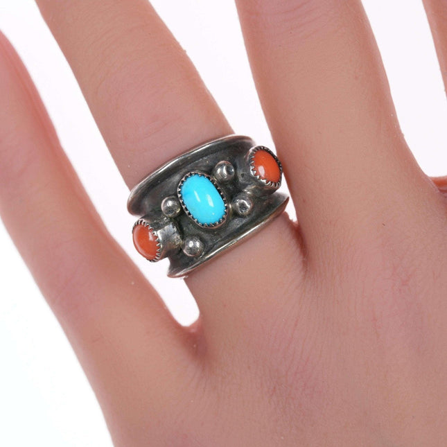 sz6 Vintage Native American Sterling turquoise, and coral ring