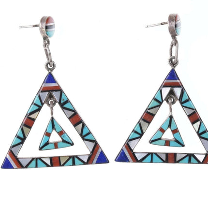 Vintage Zuni sterling Intarsia Inlay Chandelier earrings