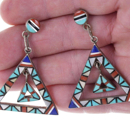 Vintage Zuni sterling Intarsia Inlay Chandelier earrings