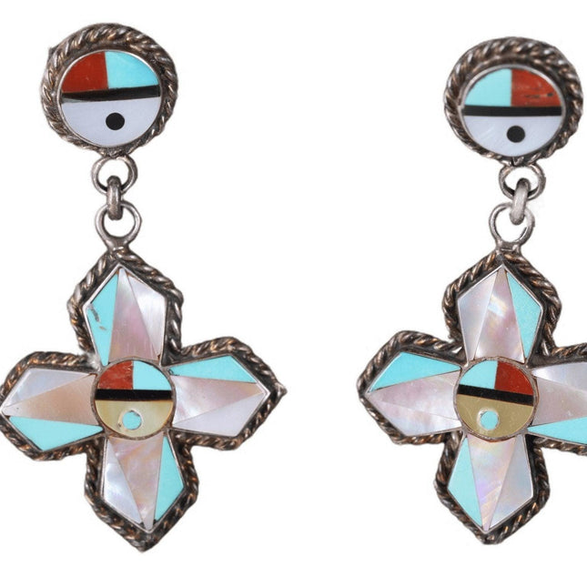 Vintage Zuni sterling Intarsia Inlay dangle sunface cross earrings