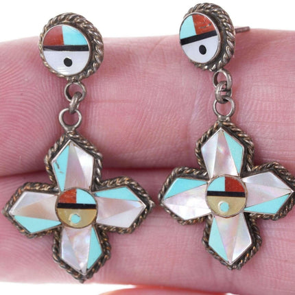 Vintage Zuni sterling Intarsia Inlay dangle sunface cross earrings