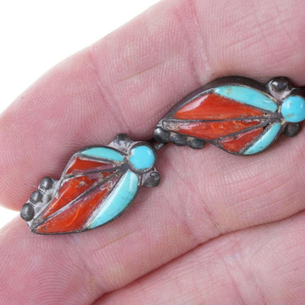 c1940's Native American Sterling turquoise/coral channel inlay screw back earrin