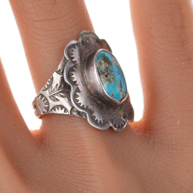 Vintage Native American Sterling Turquoise hand stamped size 7 ring