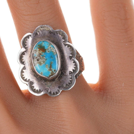 Vintage Native American Sterling Turquoise hand stamped size 7 ring