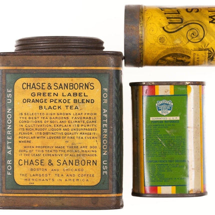 3 antike Küchendosen mit Olivenöl Chase und Sanborn's Orange Pekoe Tea Sultana Senf