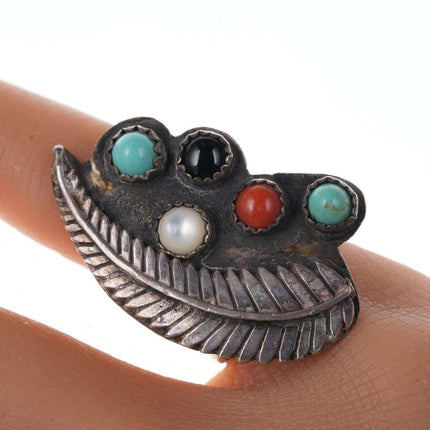 sz6.25 Vintage Native American Multi-Stone Sterling feather ring