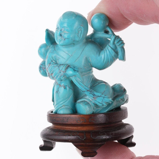 Antique Chinese carved Hubei Turquoise Boy figure on silver wire inlaid wood sta