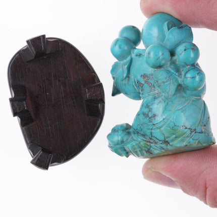 Antique Chinese carved Hubei Turquoise Boy figure on silver wire inlaid wood sta