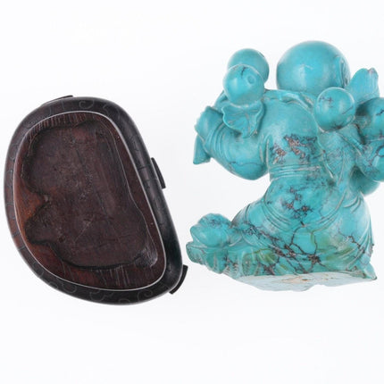 Antique Chinese carved Hubei Turquoise Boy figure on silver wire inlaid wood sta