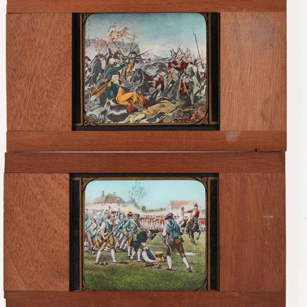 c1890 Holzglas Magic Lantern Slides Unabhängigkeitskrieg „Schlacht von Lexington“ und „Schlacht von Saratoga“