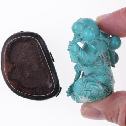 Antique Chinese carved Hubei Turquoise Boy figure on silver wire inlaid wood sta