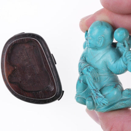 Antique Chinese carved Hubei Turquoise Boy figure on silver wire inlaid wood sta