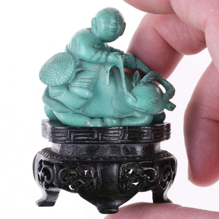 Chinese Republic period carved turquoise figure boy on water buffalo