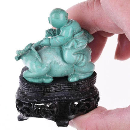 Chinese Republic period carved turquoise figure boy on water buffalo