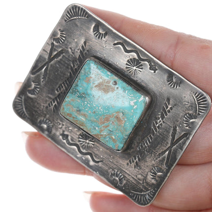 Vintage Navajo Silver and turquoise pin with arrow and snake stampings