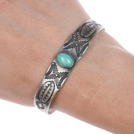 6 5/8" Vintage Heavy stamped silver cuff bracelet with turquoise