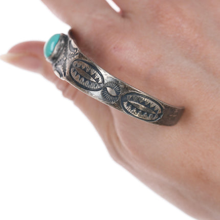 6 5/8" Vintage Heavy stamped silver cuff bracelet with turquoise