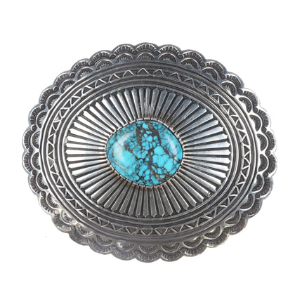 Orville White Navajo Deep stamped sterling belt buckle with turquoise