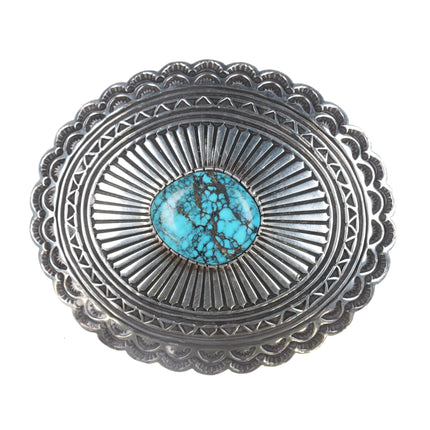 Orville White Navajo Deep stamped sterling belt buckle with turquoise