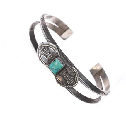 5.75" c1920's Navajo ingot silver cuff double shank stamped cuff bracelet with turquoise