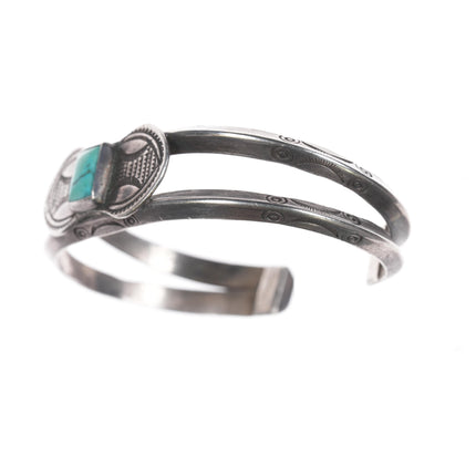 5.75" c1920's Navajo ingot silver cuff double shank stamped cuff bracelet with turquoise