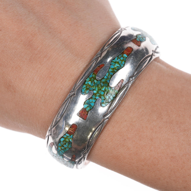 6" CJ Navajo Heavy sterling peyotebird Chip inlay cuff bracelet