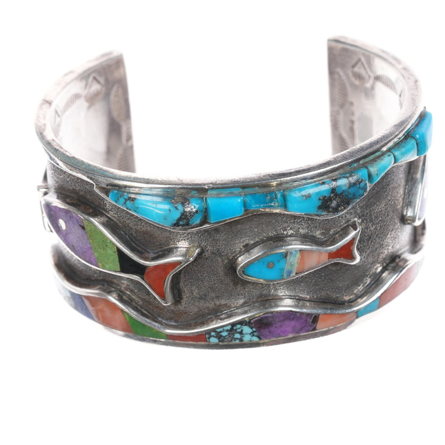 6.25" D/T Emery Chippewa Multi-stone inlay fish sterling cuff bracelet