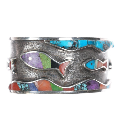 6.25" D/T Emery Chippewa Multi-stone inlay fish sterling cuff bracelet