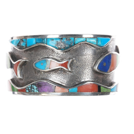 6.25" D/T Emery Chippewa Multi-stone inlay fish sterling cuff bracelet