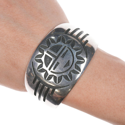 6.75" Bernard Dawahoya (1936-2010) Hopi Overlay silver cuff bracelet with sunface