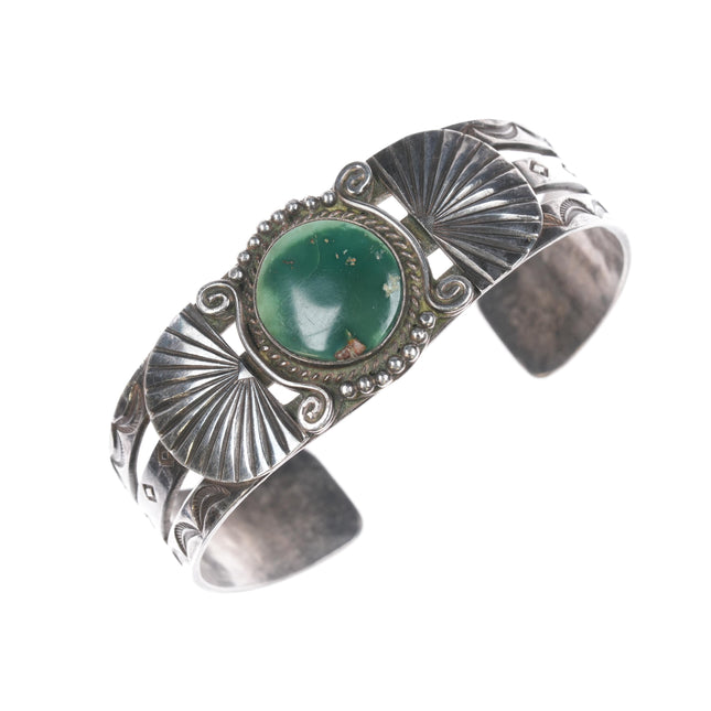 6.75" 1940's Navajo Hand stamped silver cuff bracelet with green turquoise