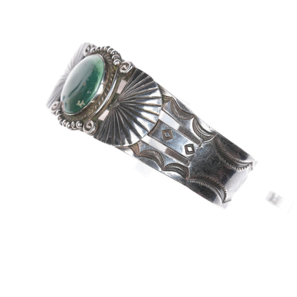 6.75" 1940's Navajo Hand stamped silver cuff bracelet with green turquoise