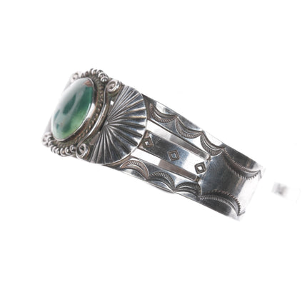 6.75" 1940's Navajo Hand stamped silver cuff bracelet with green turquoise