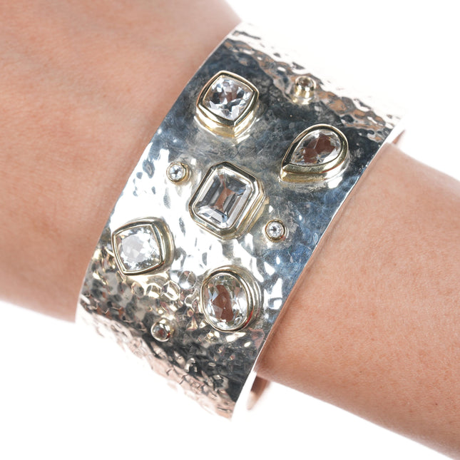 7 3/8" Thistle & Bee Hammered Cuff Sterling Silver with 18K gold vermeil bezels