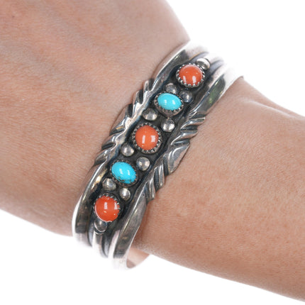 6.5" J Spencer Navajo for Atkinson Trading Company silver turquoise, and coral row cuff bracelet