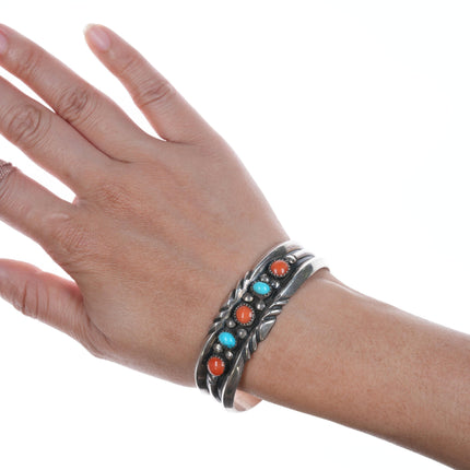 6.5" J Spencer Navajo for Atkinson Trading Company silver turquoise, and coral row cuff bracelet