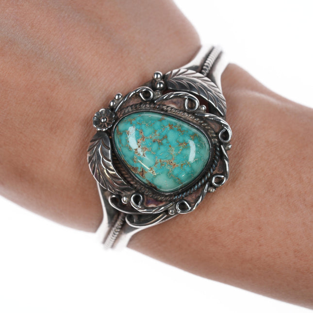 6" Vintage Navajo silver leafwork cuff bracelet with gorgeous turquoise