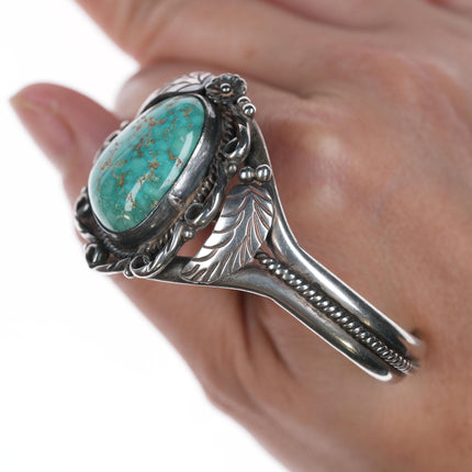 6" Vintage Navajo silver leafwork cuff bracelet with gorgeous turquoise