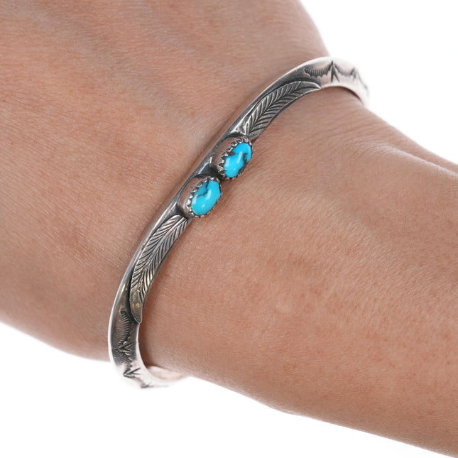 6.5" Vintage Hand stamped Navajo silver slim cuff bracelet with turquoise