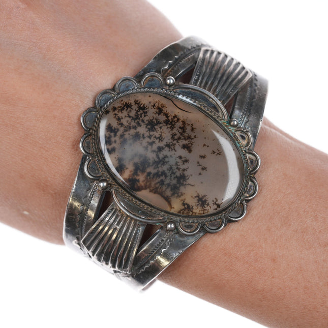 6.75" Large Moss Agate Navajo silver cuff bracelet