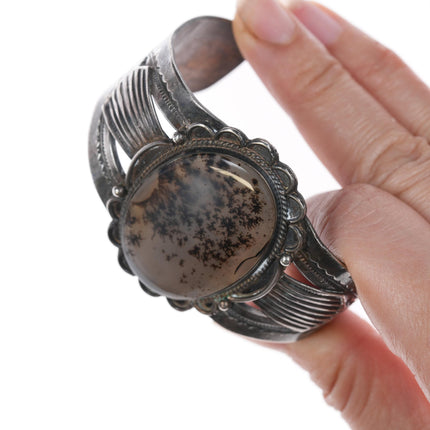 6.75" Large Moss Agate Navajo silver cuff bracelet