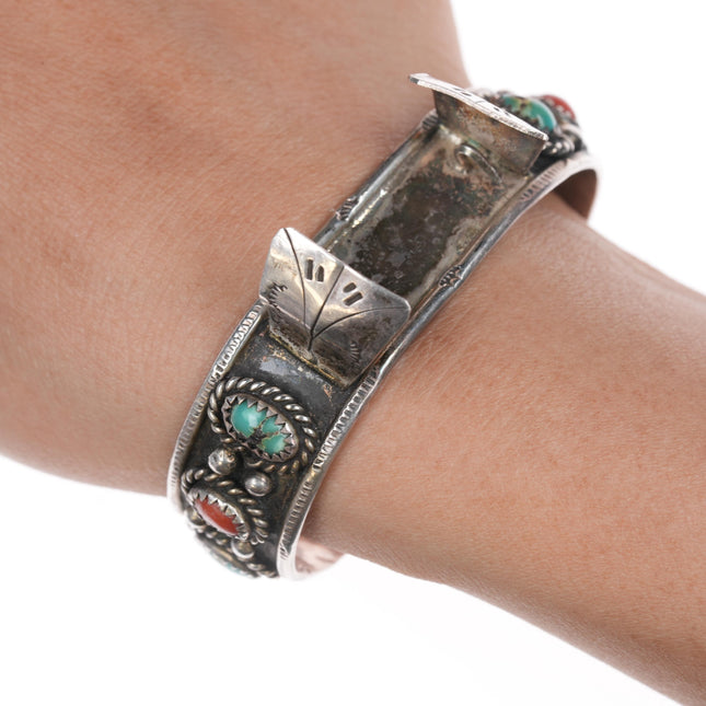 6.25" Vintage Native American sterling, turquoise, and coral ladies watch cuff bracelet