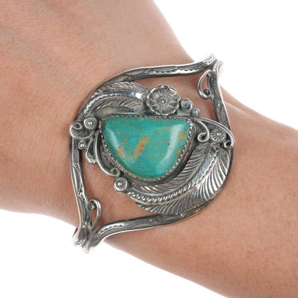 6.25" Vintage Native American sterling feather blossom cuff bracelet - turquoise