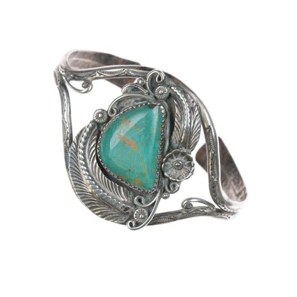 6.25" Vintage Native American sterling feather blossom cuff bracelet - turquoise