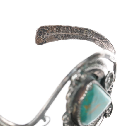 6.25" Vintage Native American sterling feather blossom cuff bracelet - turquoise