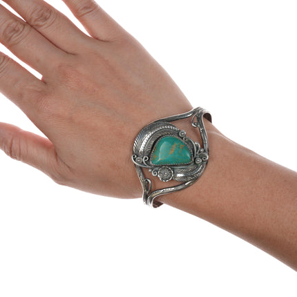 6.25" Vintage Native American sterling feather blossom cuff bracelet - turquoise