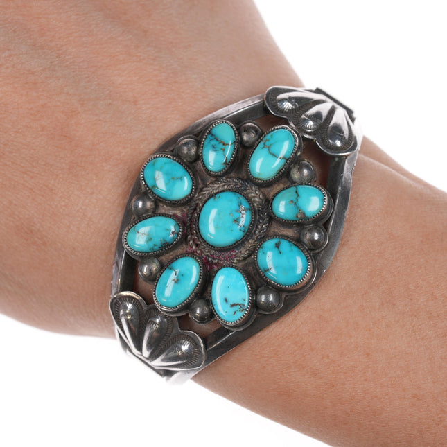 5.75" 30's-40's Navajo silver cluster turquoise cuff bracelet