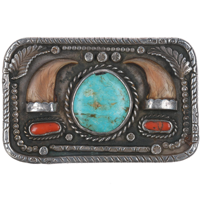 Large Vintage Native American Sterling turquoise, and coral belt buckle