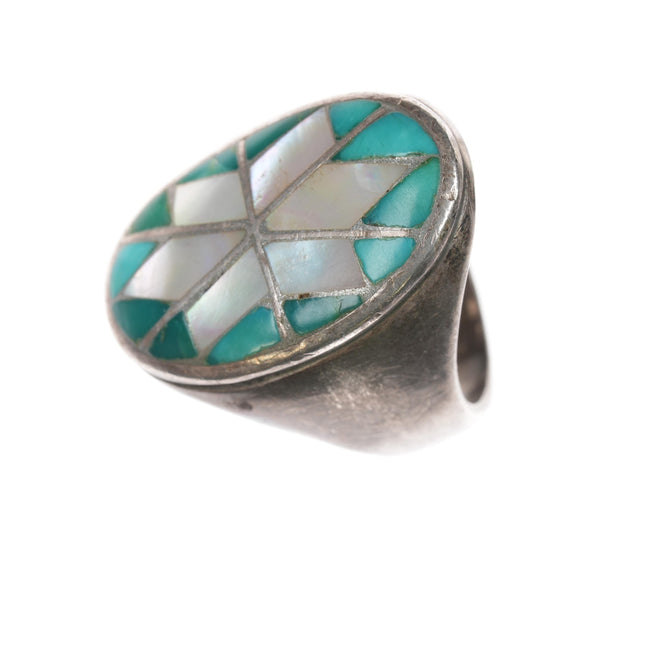 sz10.5 Vintage Zuni silver channel inlay turquoise and shell star ring